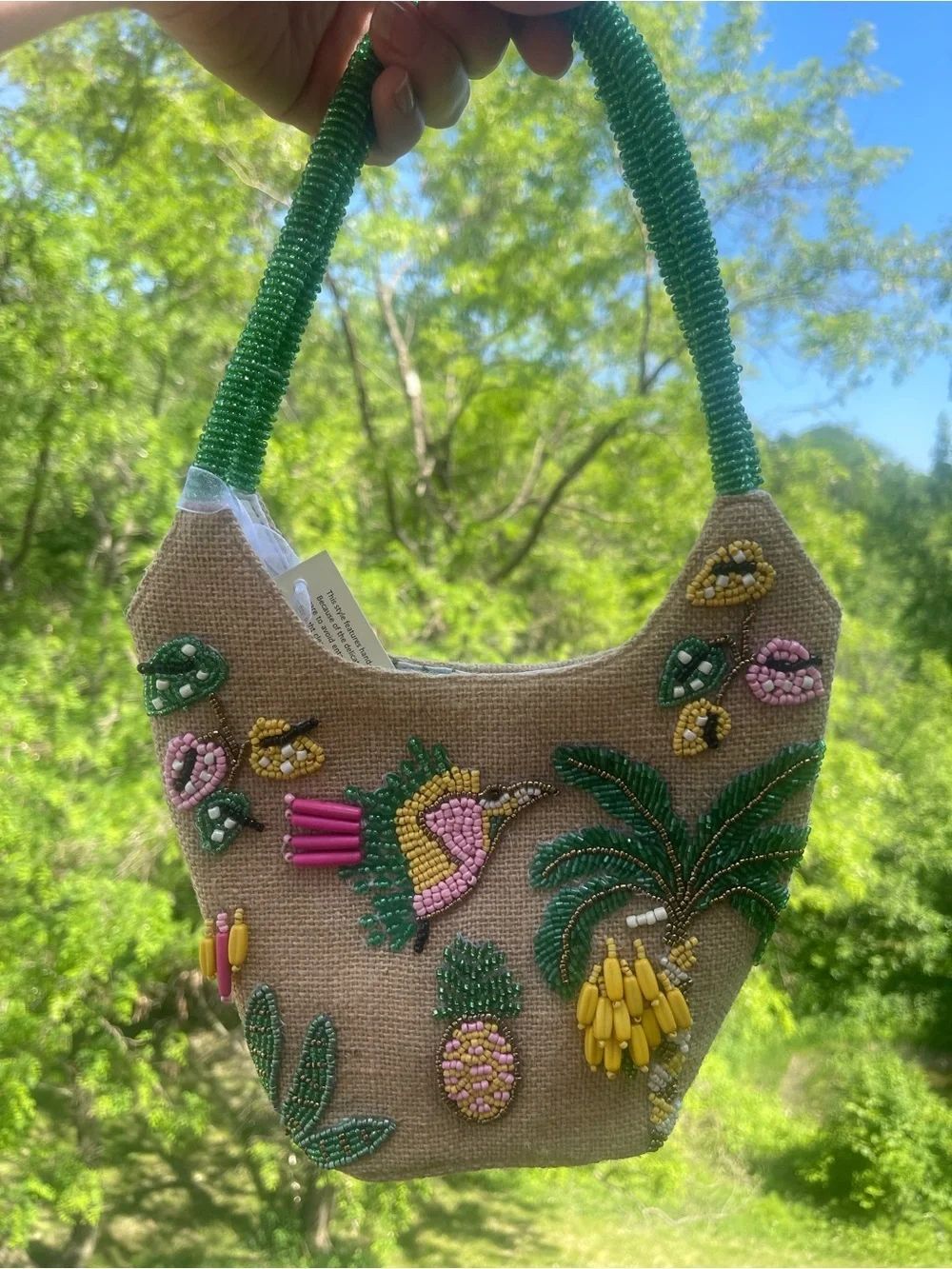 Tropical Beaded Shoulder bag - bird, floral, bananas